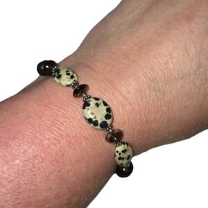 Dalmatian Stone & Black Glass Saucer Beaded 925 Sterling Silver Bracelet 7" Long